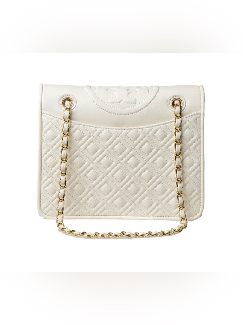 Tory Burch Fleming White Gold Quilted Shoulder Crossbody Bag Purse